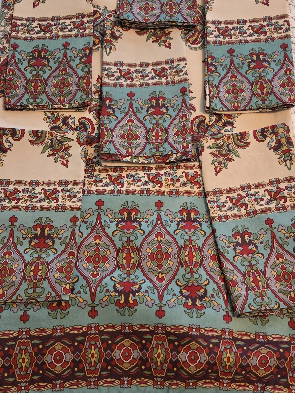 Pottery Barn Paisley Medallion Sheet Set - Teal, Coral & Cream